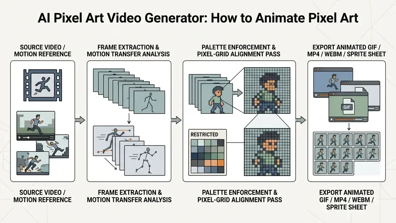 Four sequential stages showing video motion reference converting into pixelated animation files