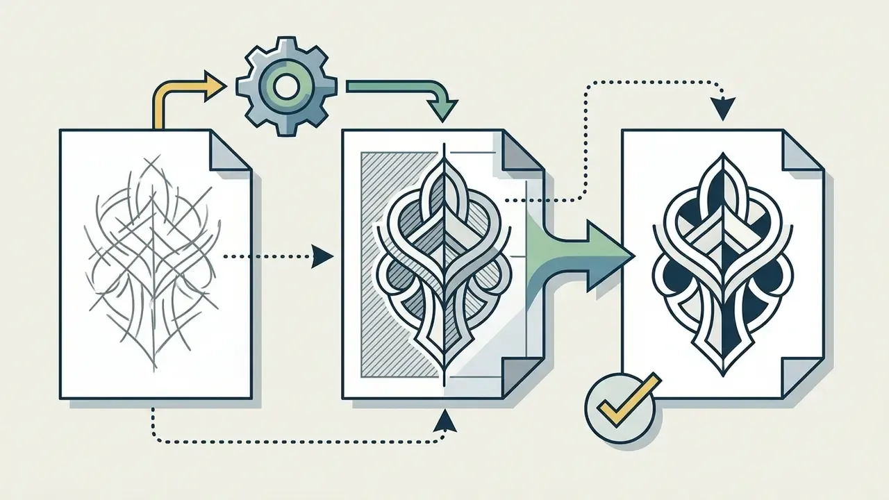 Process of refining a rough tattoo sketch into a detailed graphic design through an AI workflow