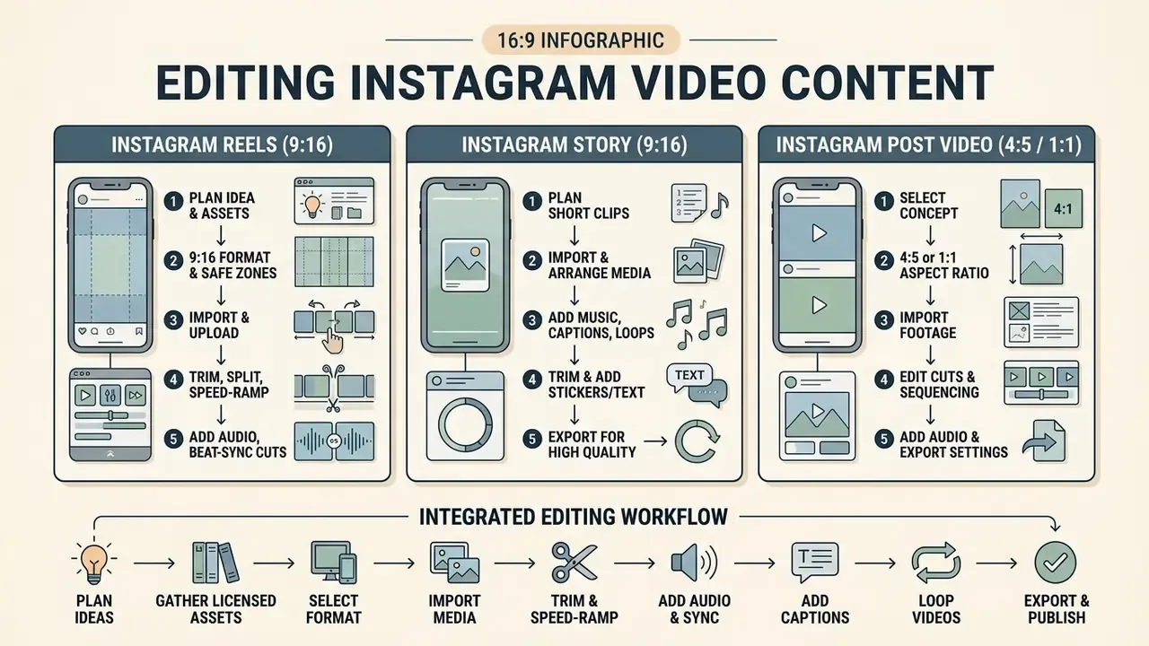Steps for how to edit videos for Instagram Reels, Stories, and posts organized in a structured workflow