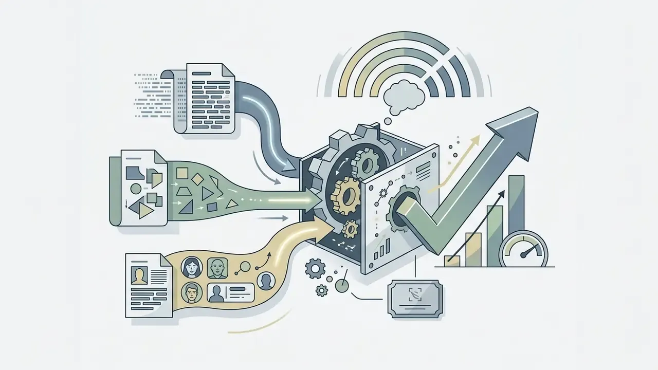 Documents with text, shapes, and face icons feeding into a gear mechanism that outputs a rising trend arrow
