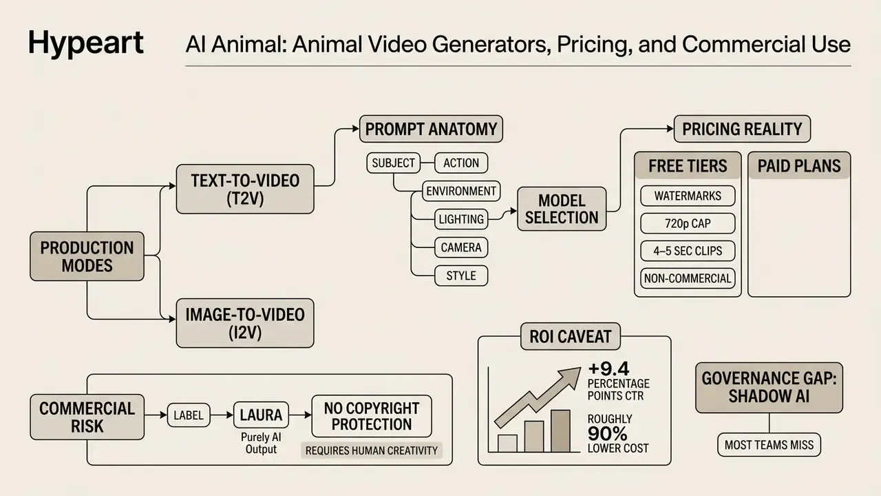 Flowchart outlining AI animal video production modes, prompt anatomy, pricing tiers, and commercial risks