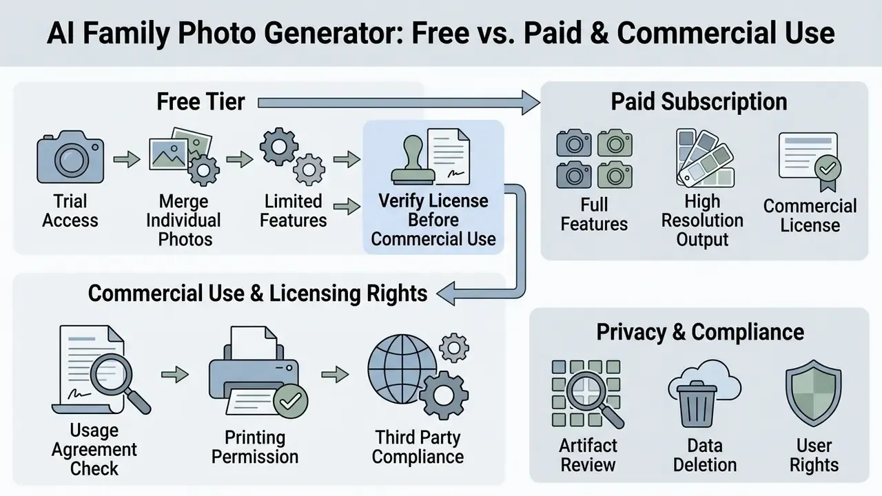 Comparison infographic showing steps from free trial access to paid subscription and licensing rights