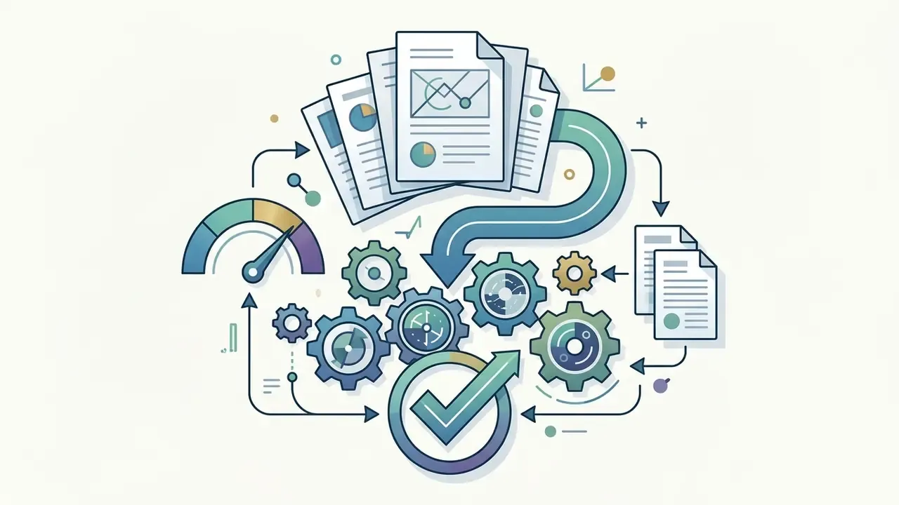 Documents feeding into a gear mechanism that connects to a gauge and a final checkmark icon