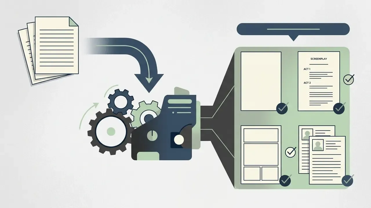 Documents feeding into a mechanical gear system that outputs formatted screenplays and character profiles