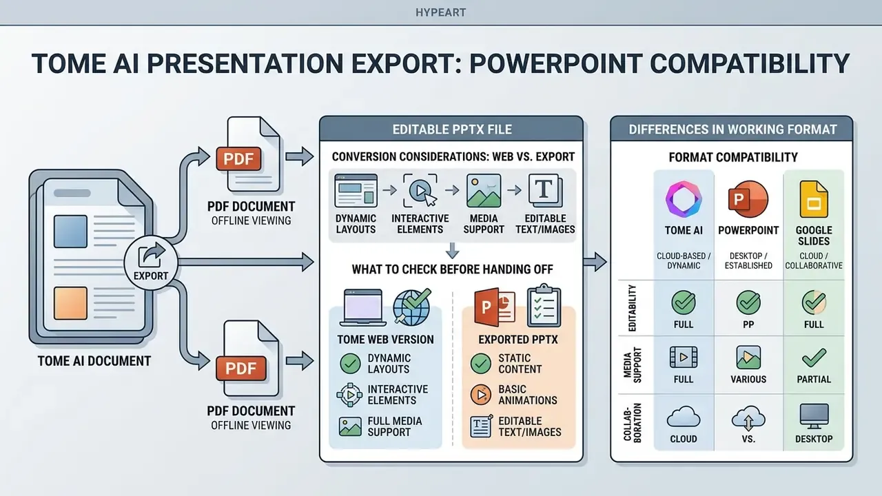 Comparison of Tome AI document exports to PDF and PPTX formats with a feature compatibility matrix