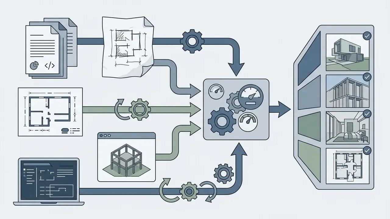 Diagram showing diverse design inputs like sketches and files feeding into a central processing unit