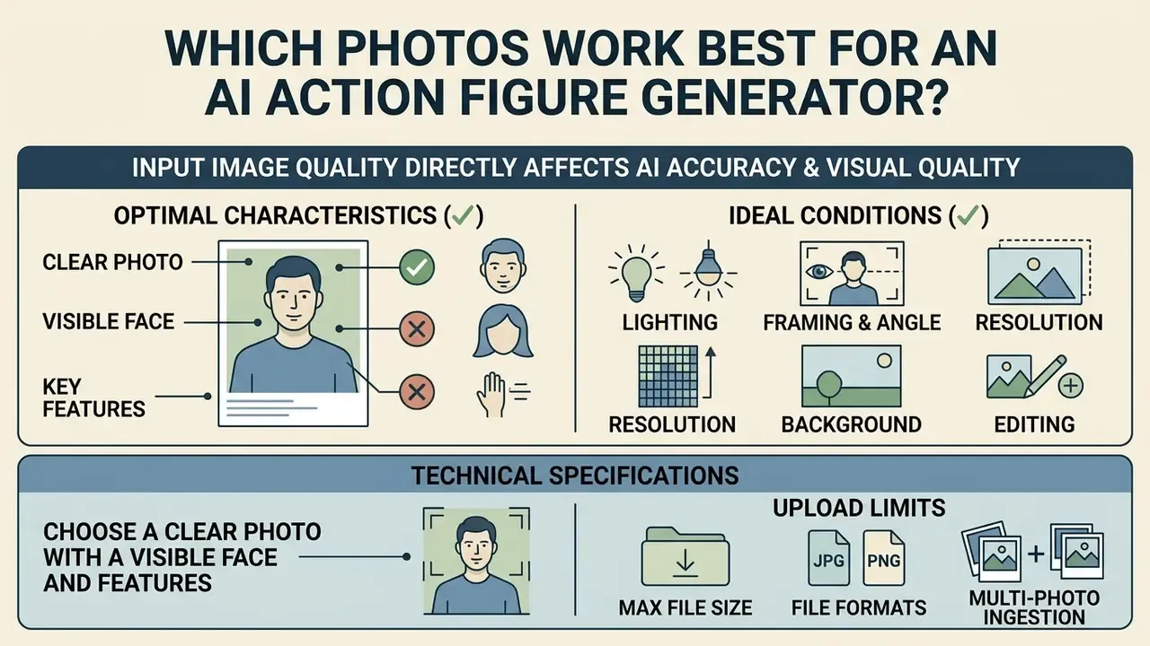 Infographic detailing optimal photo characteristics and technical requirements for AI action figure generation