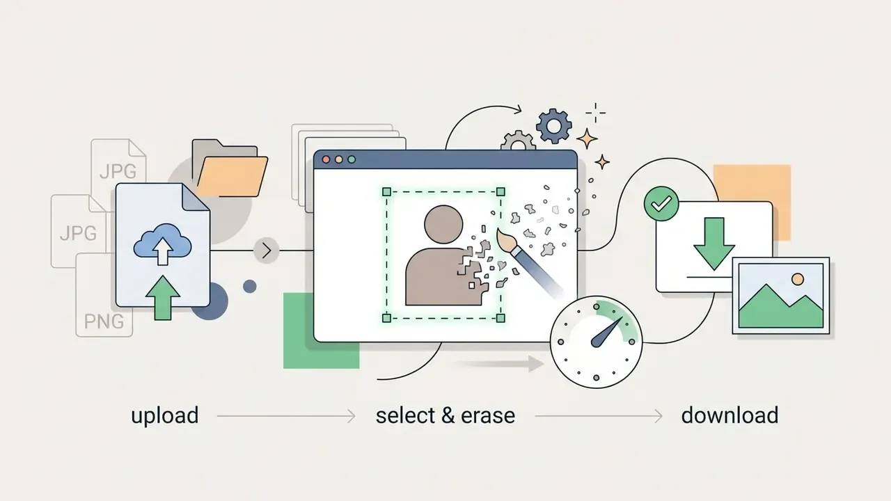 Diagram showing the process to upload, select, erase, and download images using an AI tool