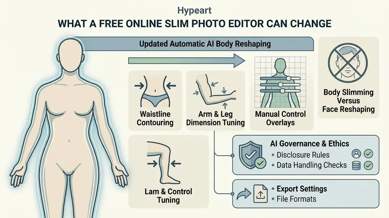 Infographic showing AI tools for body reshaping including waist, arm, and leg adjustments via manual controls