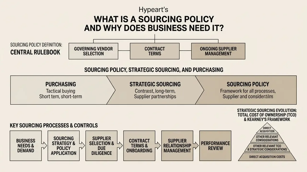 Infographic showing the definition, strategic differences, and key process steps of a sourcing policy