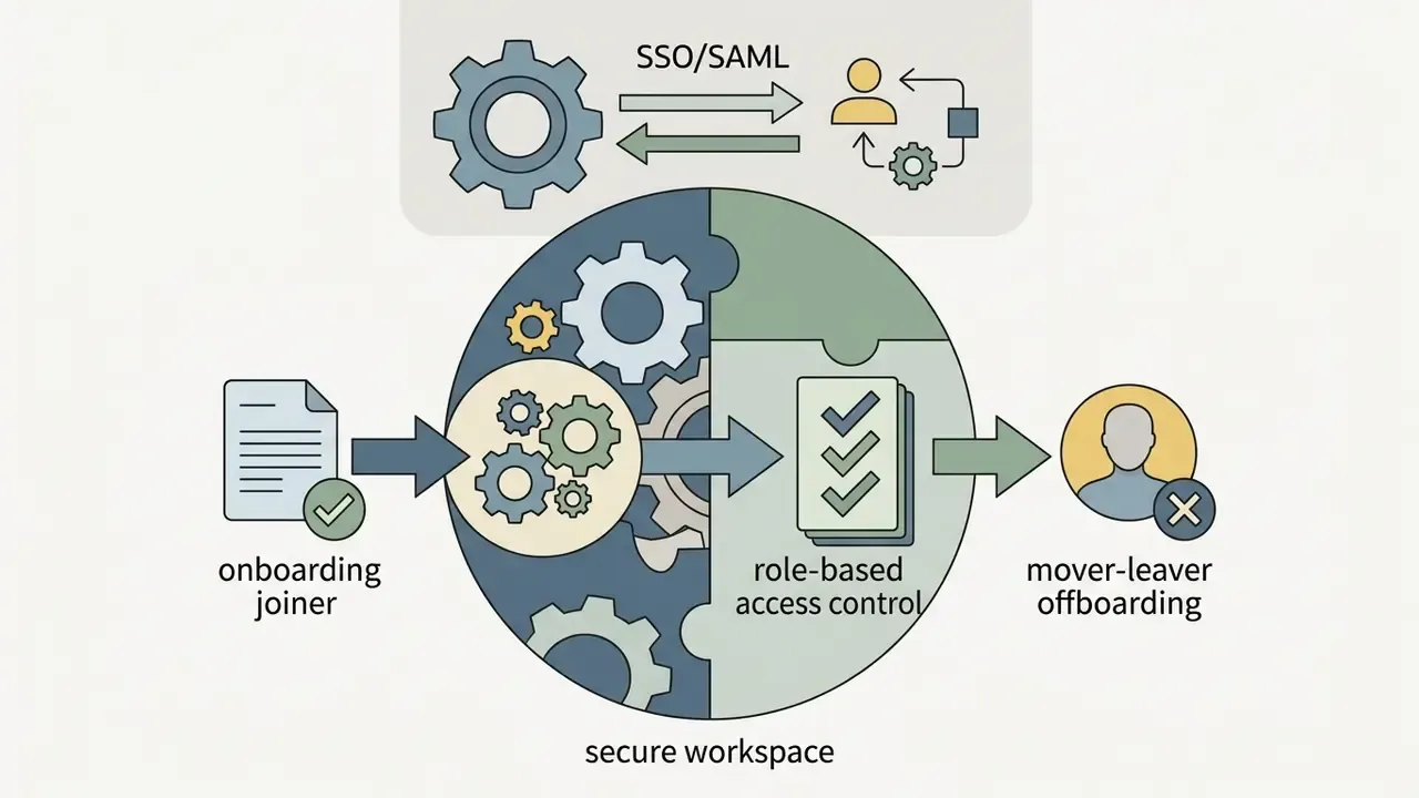 Flowchart showing SSO integration and the joiner-mover-leaver process within a workspace