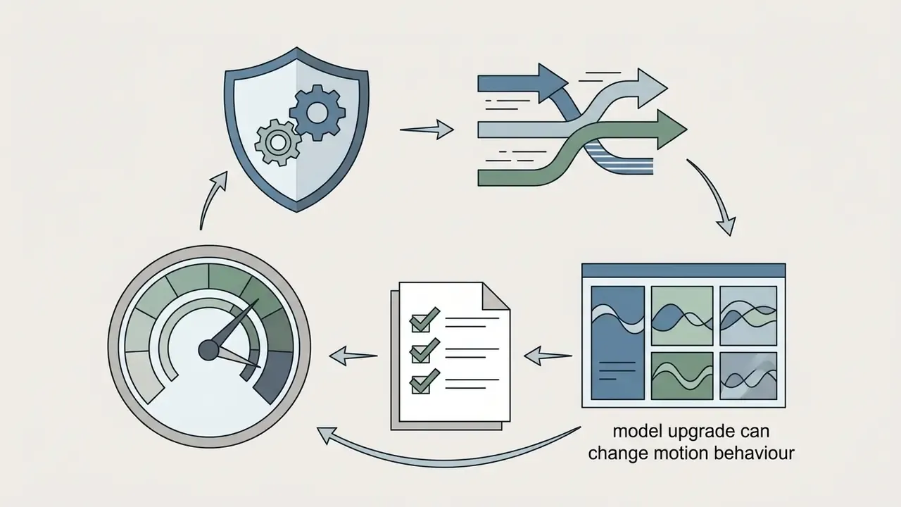 Circular cycle of a shield with gears, intersecting arrows, data charts, and a checklist with a gauge
