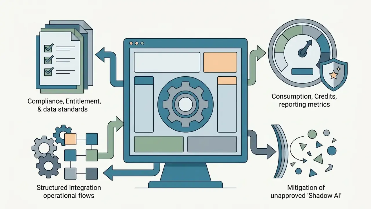 Central console connected to compliance, consumption metrics, integration flows, and shadow AI mitigation