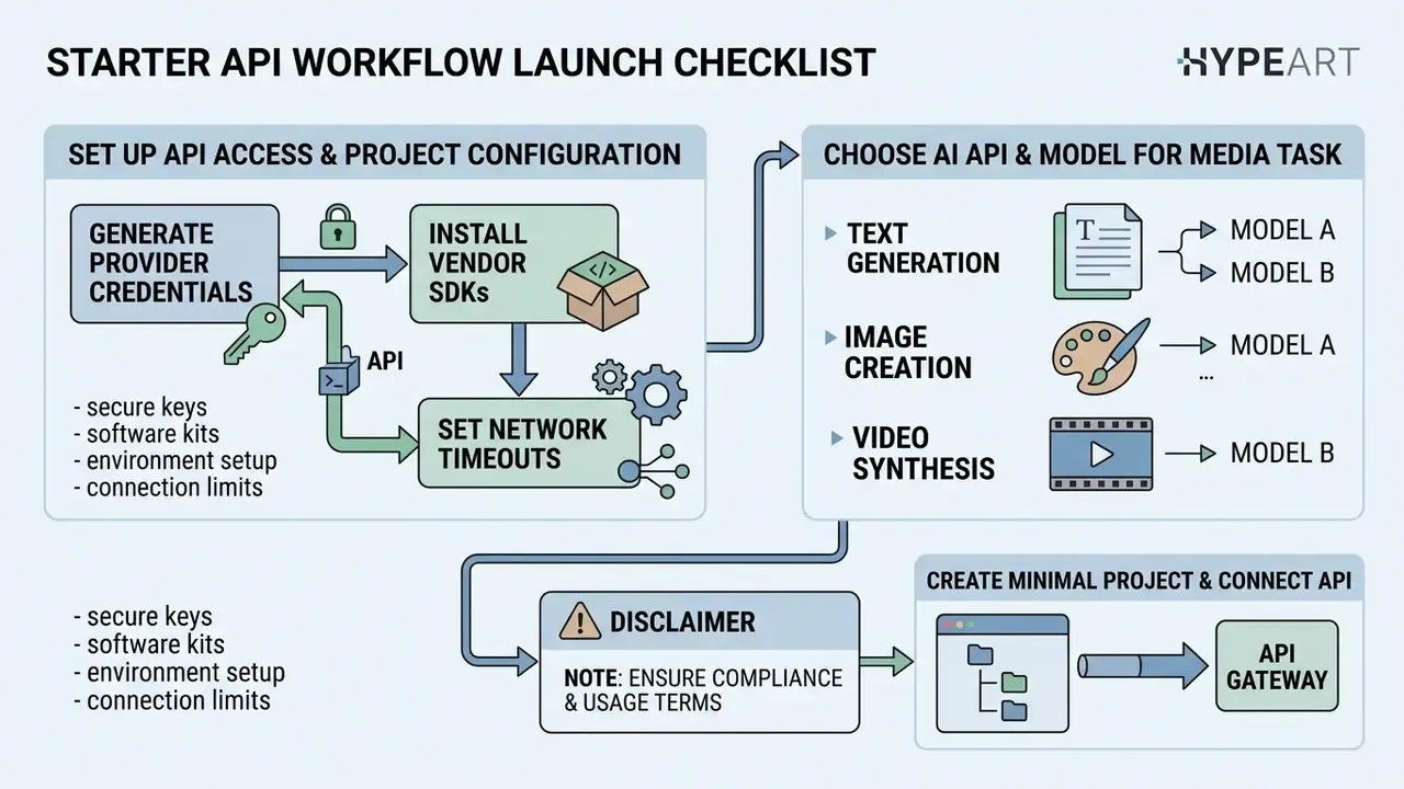 Checklist infographic outlining steps for credential generation, model selection, and API connection