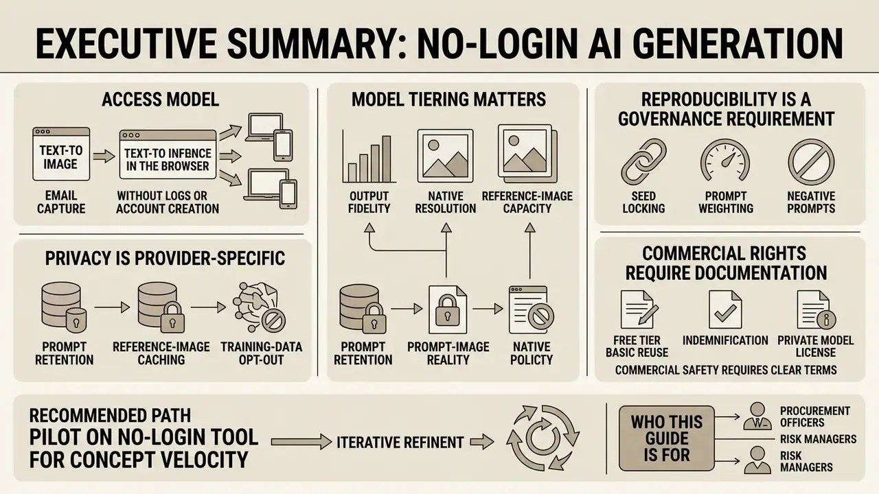 Infographic outlining key considerations for magic AI generator tools including access, governance, and privacy