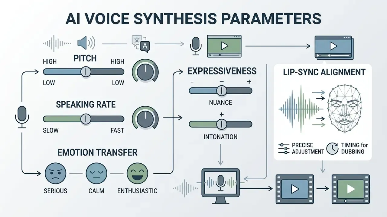 Diagram showing sliders and controls for adjusting pitch, speaking rate, emotion, and lip-sync in AI dubbing