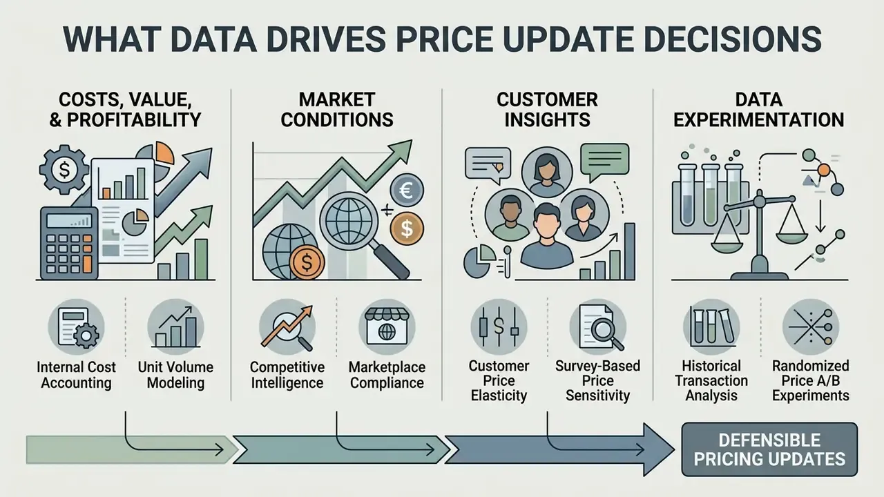 Four columns detailing metrics like costs, market conditions, customer insights, and data experimentation