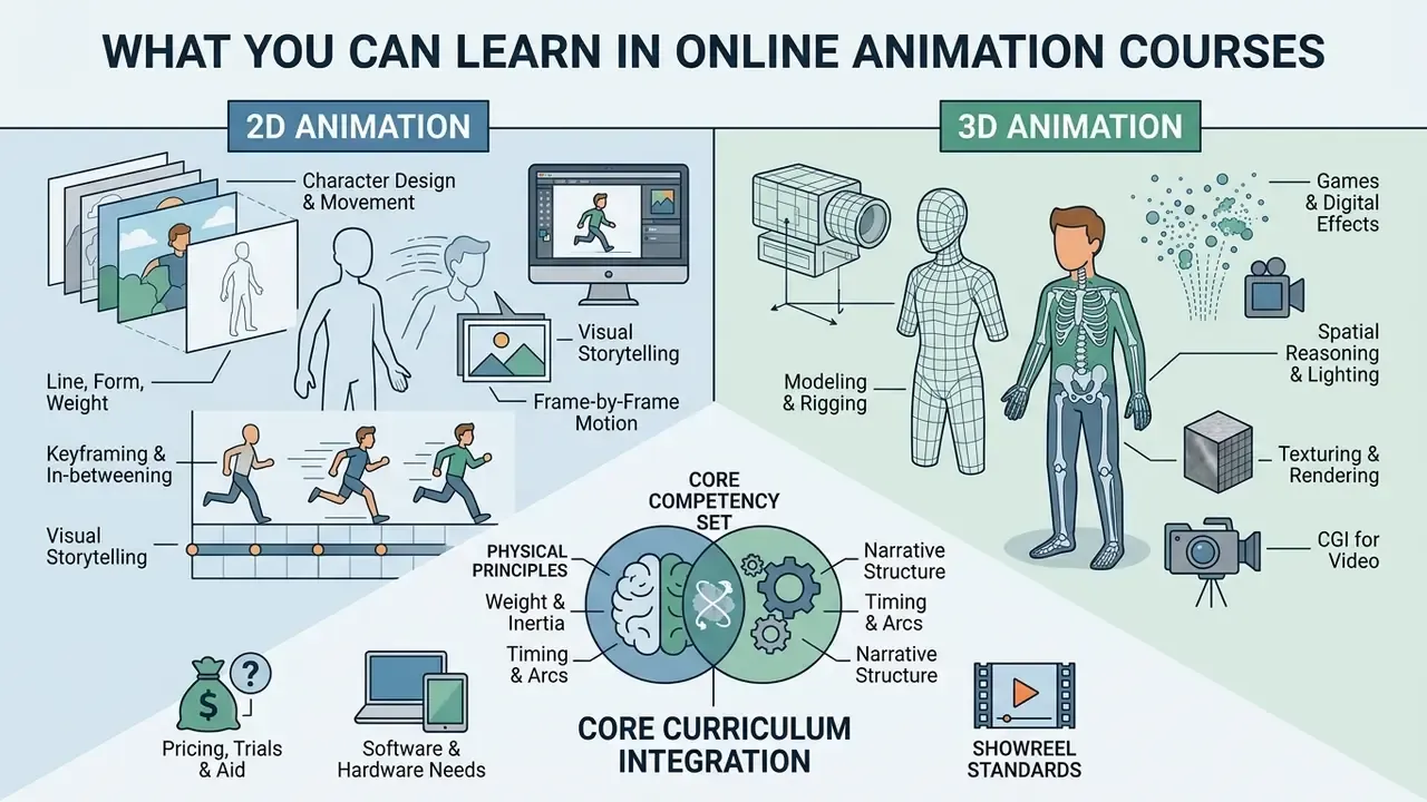 Infographic comparing 2D and 3D animation techniques, core principles, and curriculum requirements