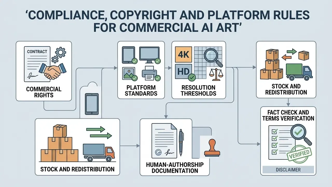 Flowchart outlining six key legal and technical requirements for using AI-generated visuals commercially