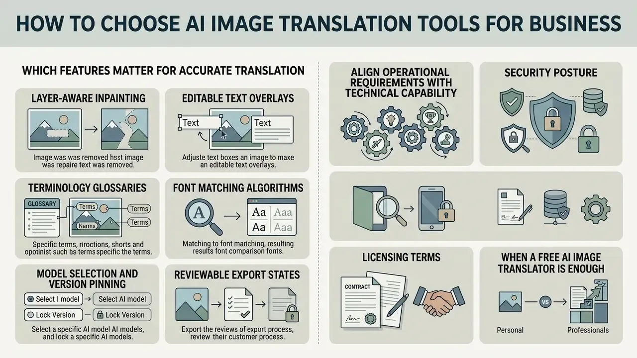 Infographic detailing technical features, security requirements, and licensing for translation software