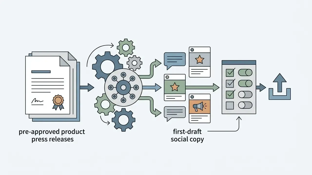 Press releases flow through a gear system to generate social copy and a checklist for final upload
