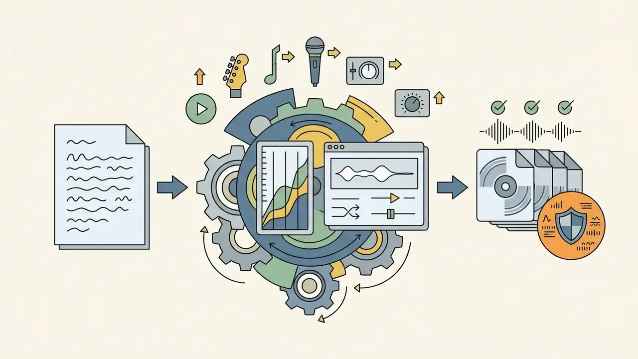 Central gear mechanism transforming text input into audio files with music style and production controls
