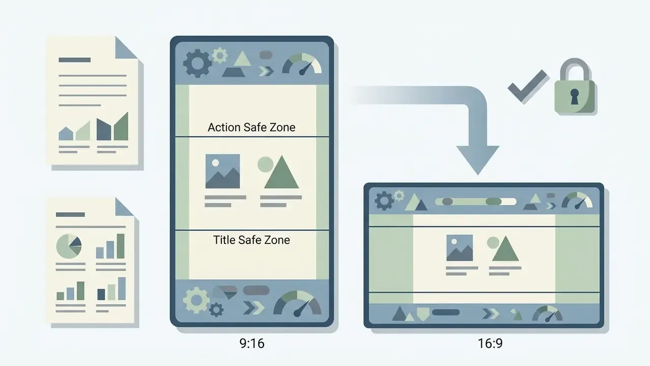 Comparison of 9:16 vertical and 16:9 horizontal screen layouts highlighting action and title safe zones