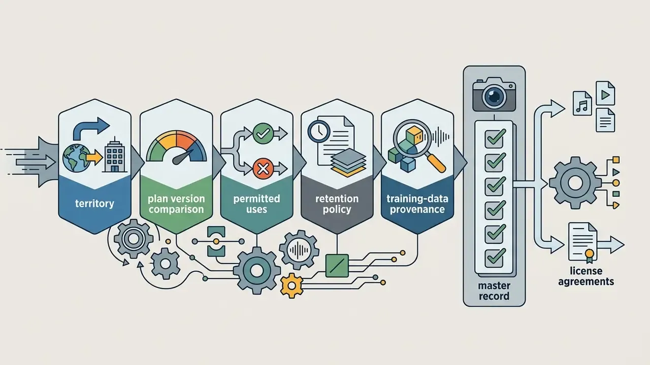 Process flow showing legal verification steps for AI music assets leading to a master record and licenses