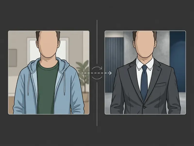Side-by-side comparison of a person in a casual hoodie and the same person wearing a formal business suit