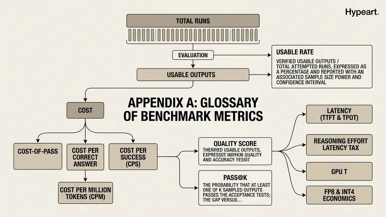 Diagram mapping benchmark metrics like usable rate, cost per success, and latency for AI model evaluation
