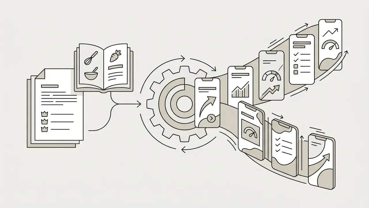 Recipe books and lists feeding into a gear mechanism that outputs vertical mobile video content