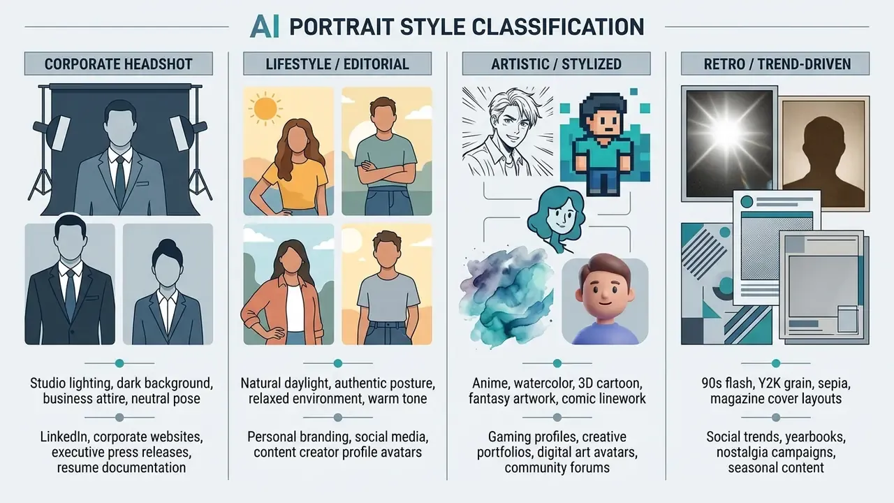 Categorization chart displaying visual characteristics and applications for various AI portrait styles