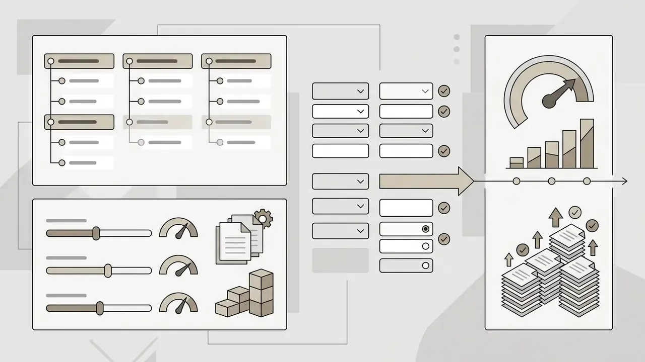 Input fields and cost parameters feeding into a data dashboard with performance gauges and document stacks