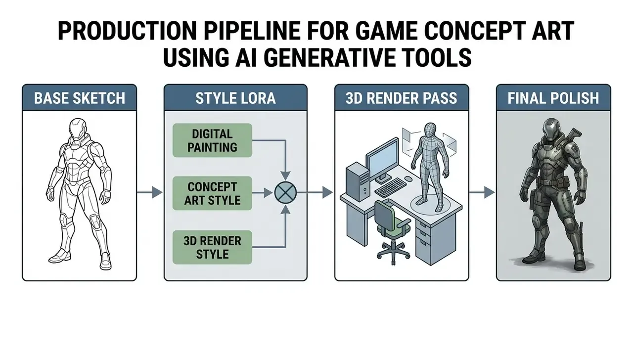 Four-step diagram showing a character design workflow from base sketch to final polished render