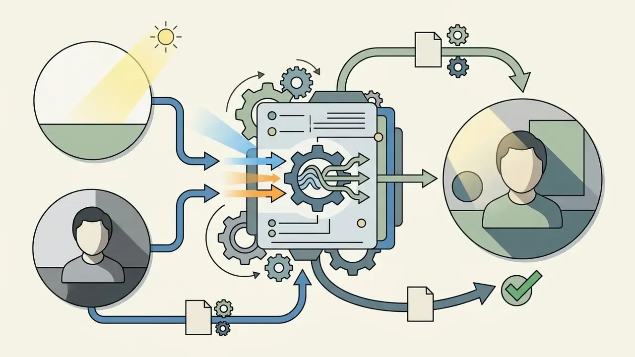 Central gear mechanism processing lighting and subject data to composite a person into a new scene