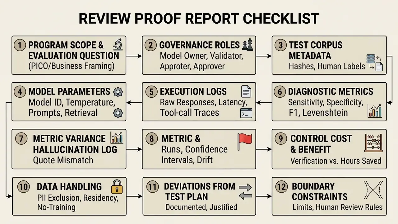 Numbered sequence of twelve boxes detailing essential documentation steps for a Review Proof report