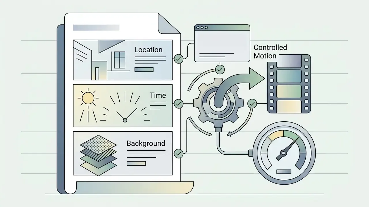 Document sections for location, time, and background feeding into a gear and gauge for video generation