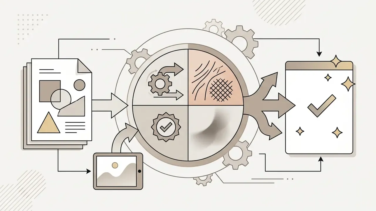 Document and image inputs flowing into a gear system that processes texture and lighting details into a file