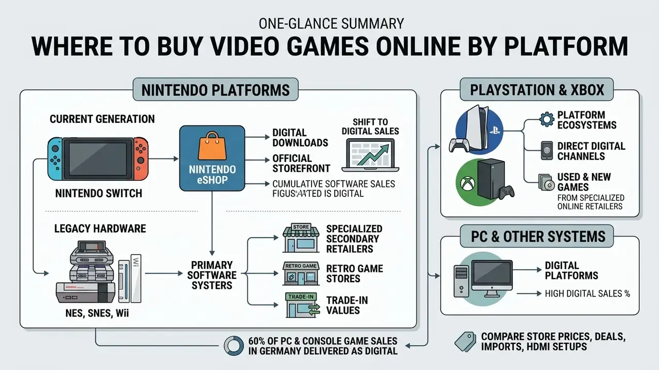 Flowchart comparing digital and physical retail channels for buying video games across different platforms