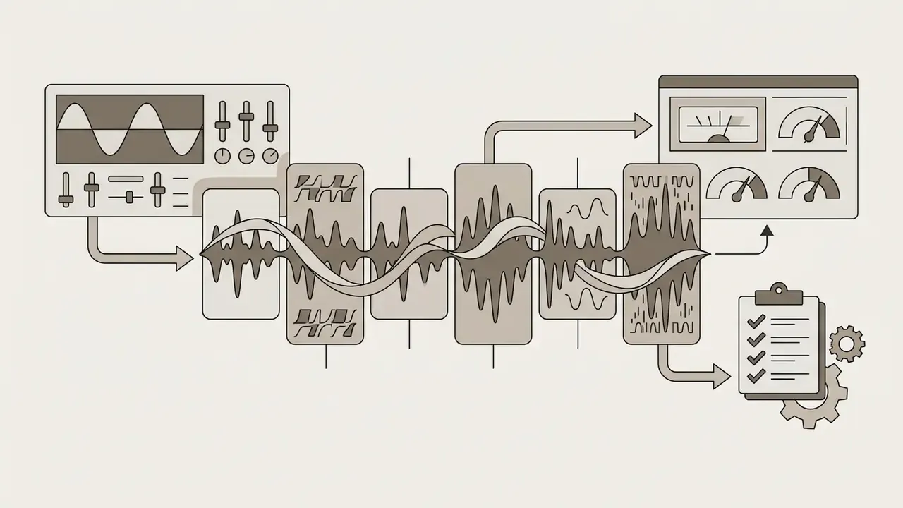 Oscilloscope and audio processing modules analyzing sound waves into a dashboard and a checklist