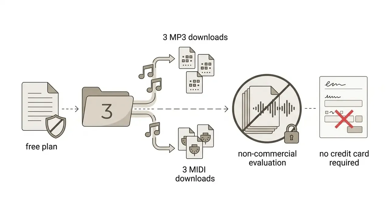 Flowchart showing free AI music generator plan limits for downloads and non-commercial usage