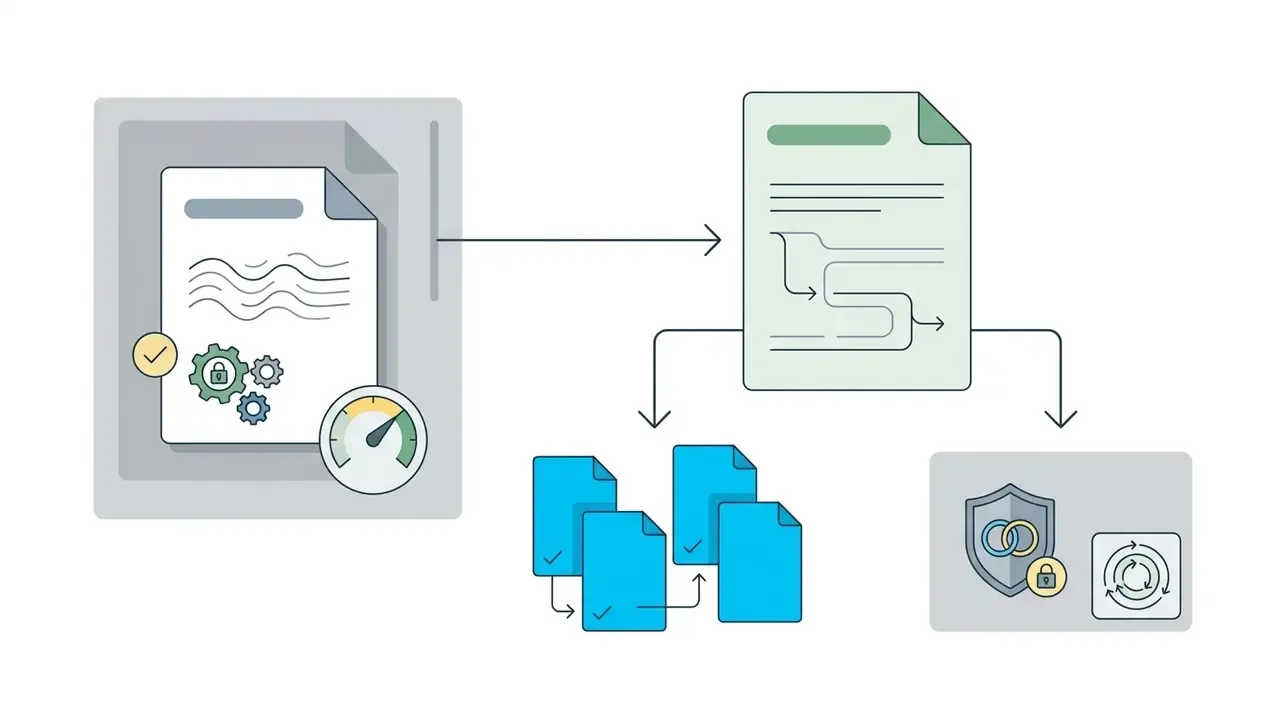 Document with gears and gauge feeding into a process sheet that branches to blue files and security icons