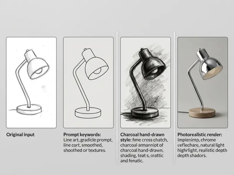 Comparison of a desk lamp sketch transformed into line art, charcoal drawing, and photorealistic render