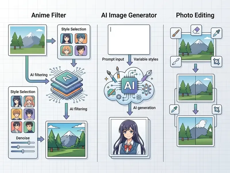 Diagram comparing workflows for style transformation, generative creation, and manual image editing