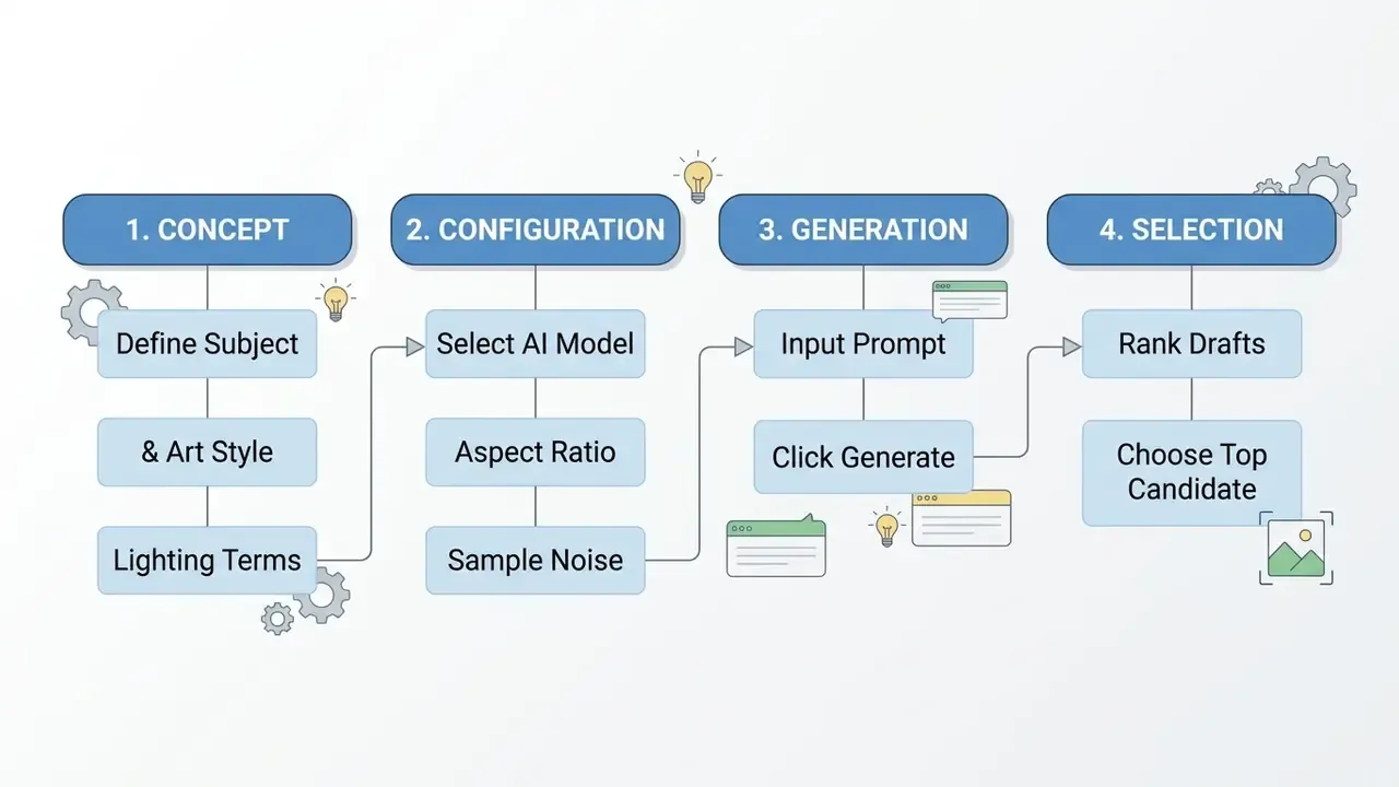 Four-step process diagram detailing concept, configuration, generation, and selection for AI art creation