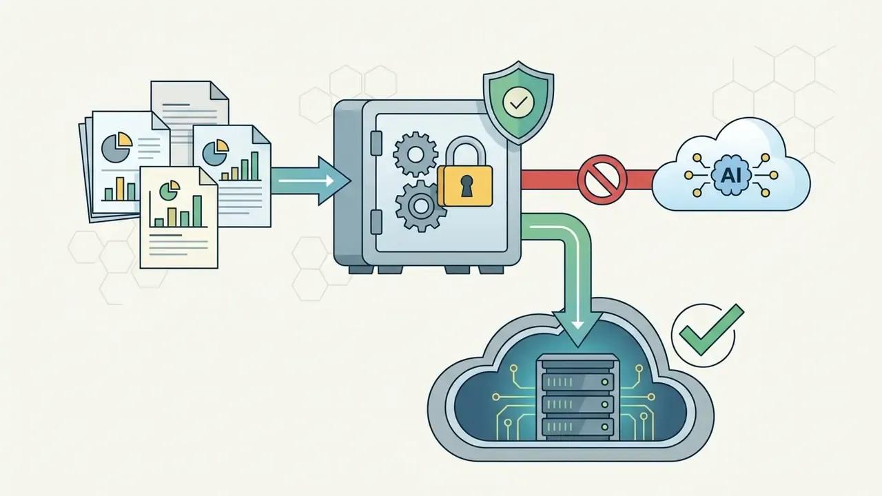 Documents flowing into a secure vault that blocks data transfer to an external AI cloud