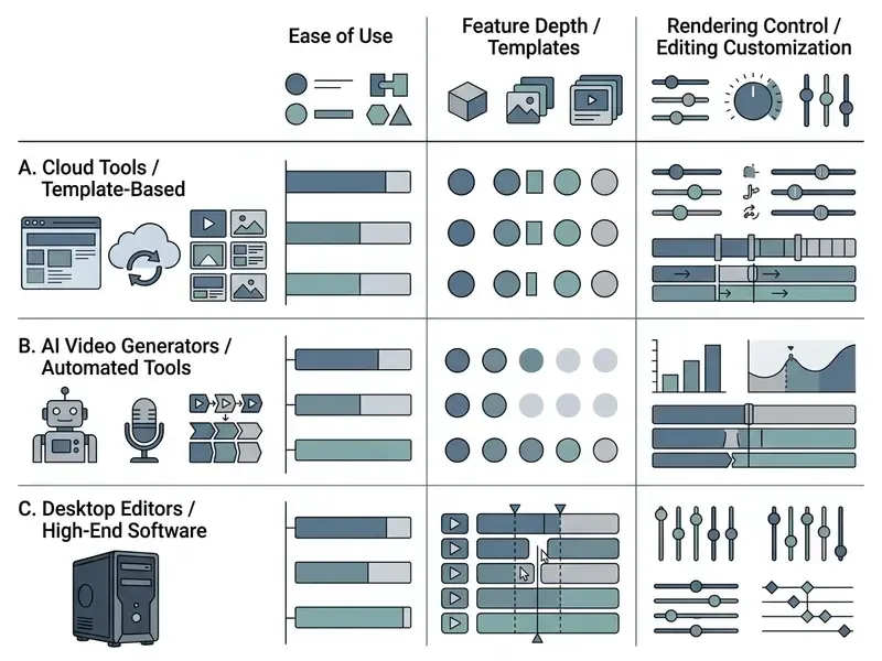 Comparison table evaluating cloud tools, AI generators, and desktop software by ease and customization