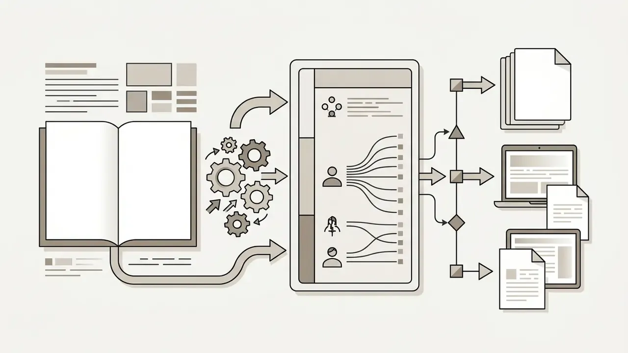 Open book feeding into a gear mechanism and data dashboard to output files and device content