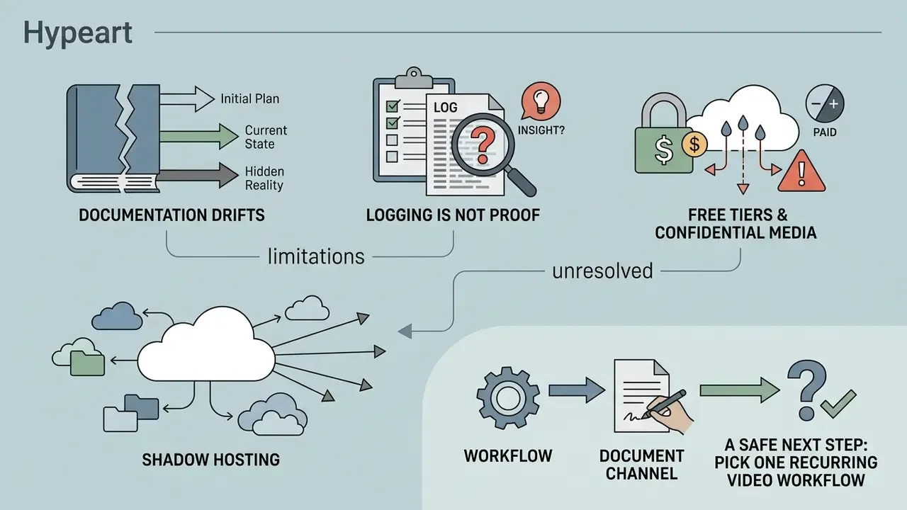 Infographic showing documentation drift, logging limitations, hosting risks, and workflow documentation