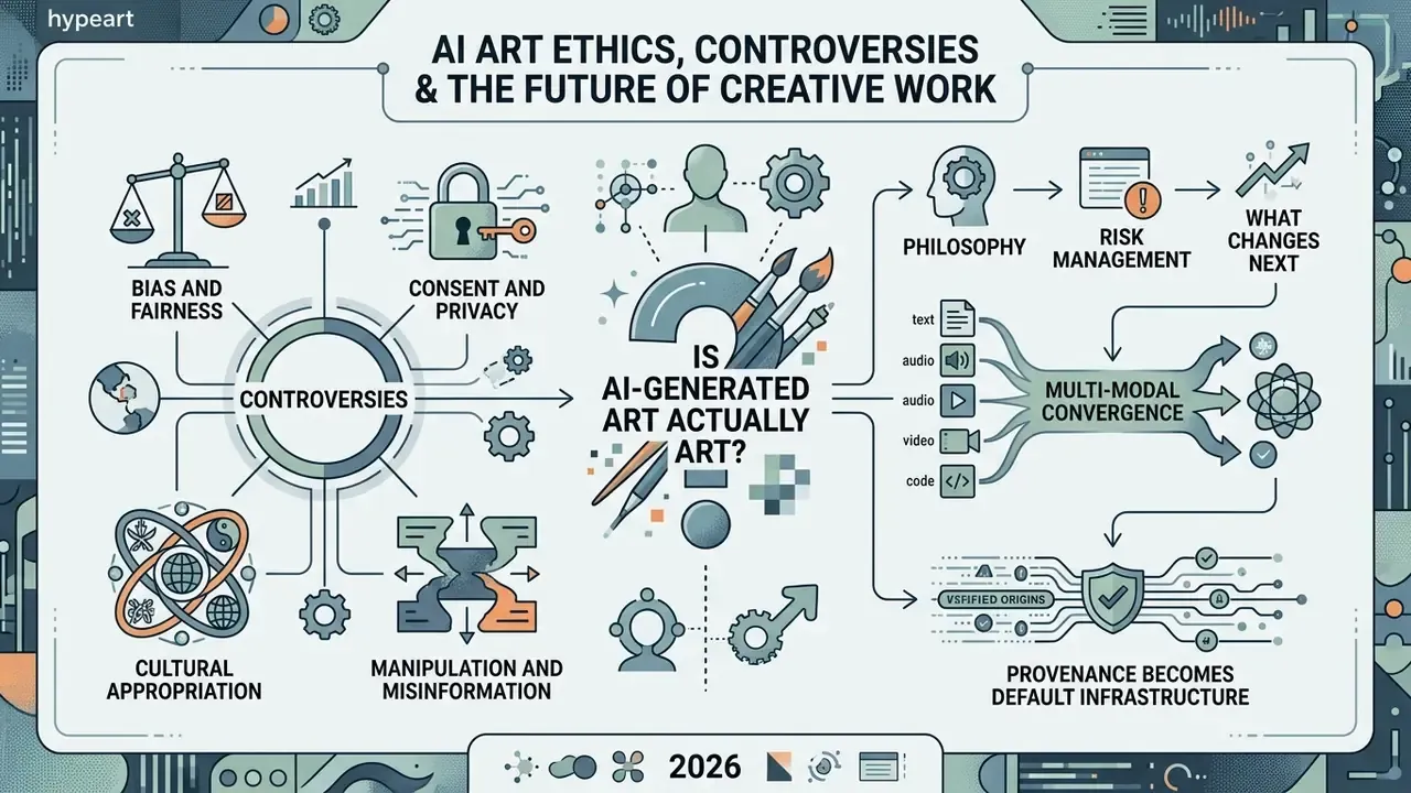 Conceptual map linking ethical challenges and future trends surrounding the rise of AI art